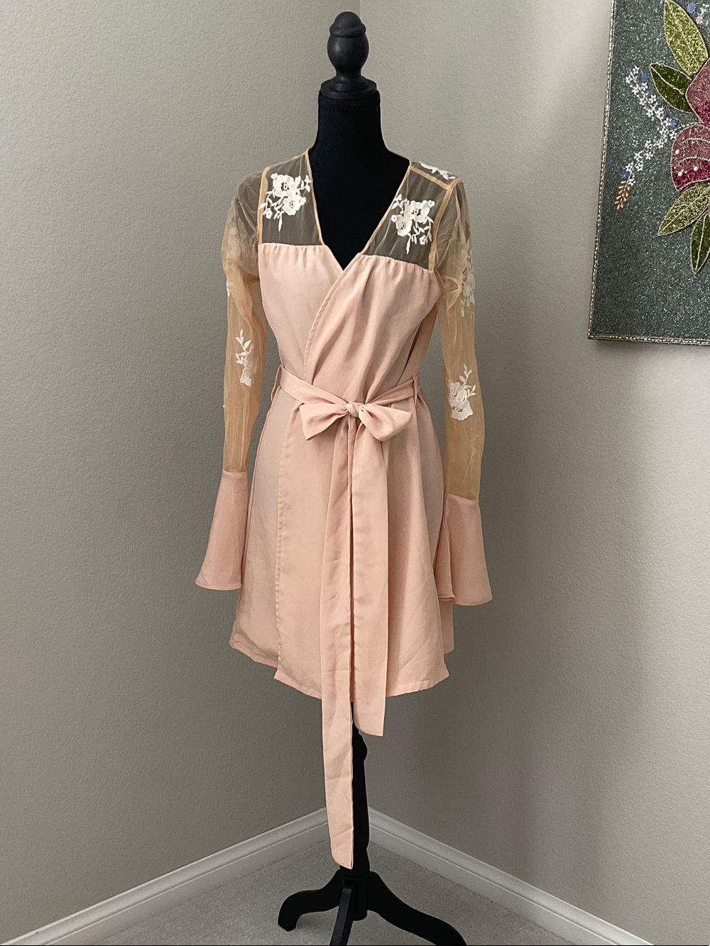 Sheer-Panel Wrap Mini Robe in Blush Pink
